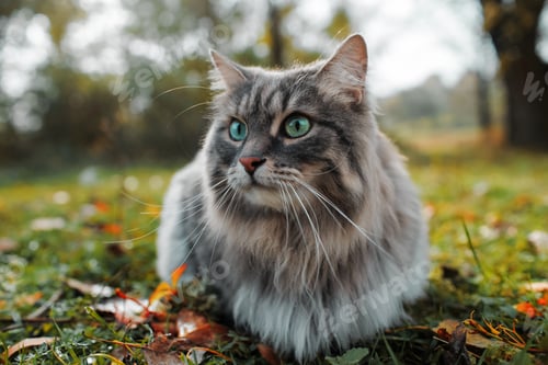 Preview: The cat looks to the side and sits on a green lawn. Portrait of a fluffy gray cat with green eyes in