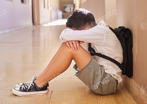 Preview: Anxiety, school and sad student bullying victim feeling depression, lost or stressed in hallway or