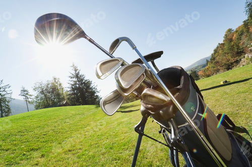 Preview: Italy, Kastelruth, Golf clubs in golf bag on golf course