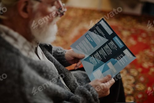 Preview: Senior Caucasian Man Reading Informational Brochure during Social Work Visit