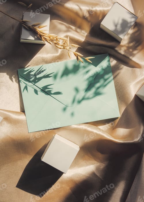 Preview: Classic envelopes and cubes on golden fabric with shadows