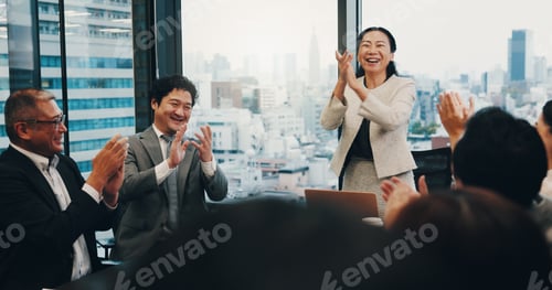 Preview: Celebration, boss and people in meeting, boardroom and clapping for achievement, teamwork or cheeri
