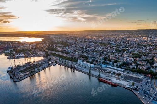 Preview: sea port and industrial zone at sunset in Varna, Bulgaria