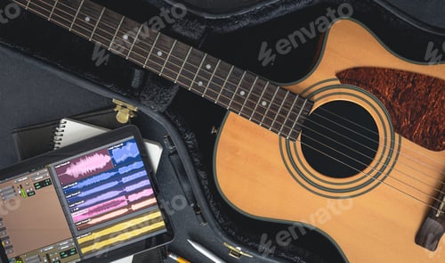 Preview: Acoustic guitar and digital tablet with a music application, top view.