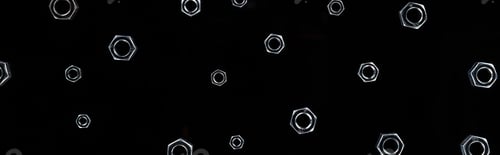Preview: panoramic shot of scattered metal nuts pattern isolated on black
