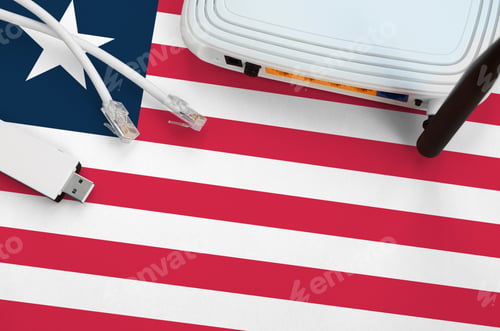 Preview: Liberia flag depicted on table with internet rj45 cable, wireless usb wi-fi adapter and router