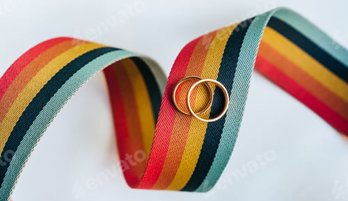 Preview: Rainbow coloured ribbon against white with laying wedding rings on it. Multi coloured tissue tape