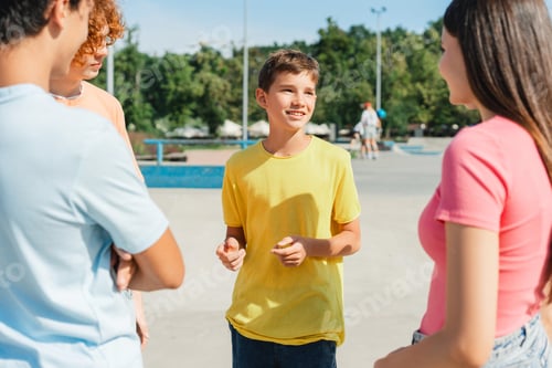 Preview: Positive teenager boy in yellow t shirt talking to his friends at skatepark