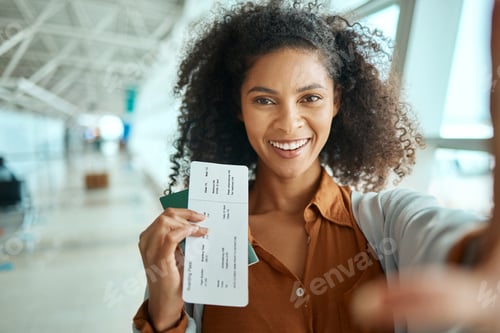 Preview: Travel, ticket and selfie with black woman at airport for social media, departure and vacation. Tou