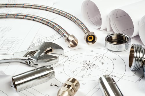 Preview: plumbing and drawings, construction still life