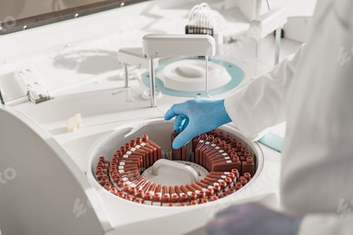 Preview: Close up of researcher hand in sterile glove putting plastic test tube into laboratory centrifuge