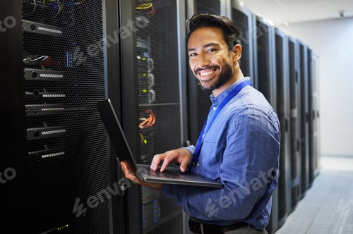 Preview: Man, engineering computer and server room, data center and portrait for system solution, electricia