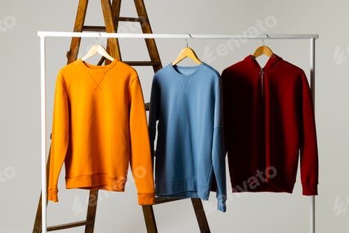 Preview: Coloured sweatshirts displayed on ladder and copy space on white background