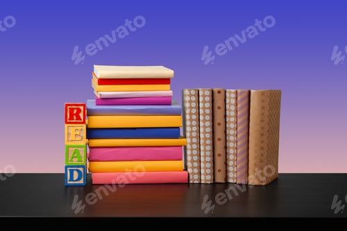 Preview: Stack of books on black wooden table