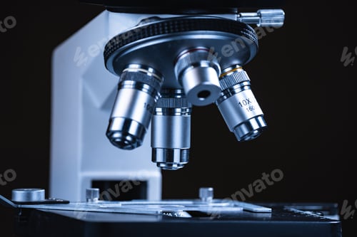 Preview: Scientific microscope lens working with data analysis in the medical laboratory, medicine equipment