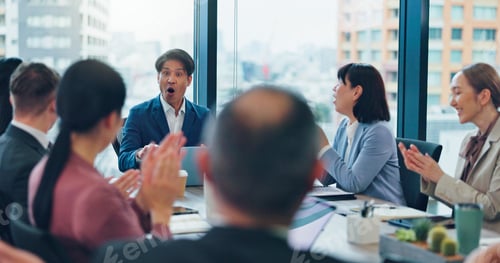 Preview: Business, people or surprised with celebration in meeting for investment deal, b2b partnership cont