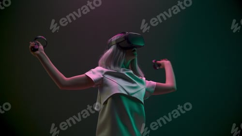Preview: Excited woman experiencing handheld trackpads videogame closeup. Future concept