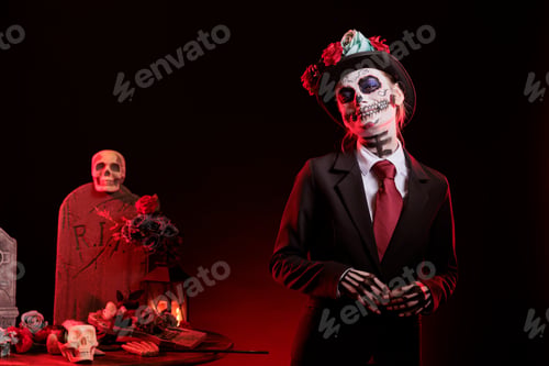 Preview: Portrait of happy woman wearing suit during Day of the Dead