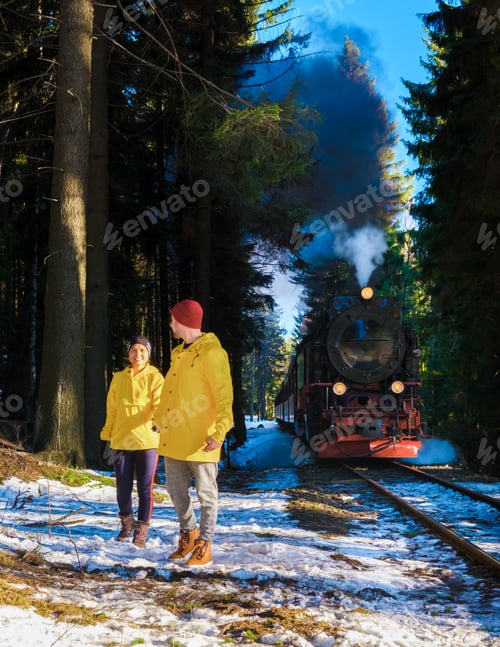 Preview: couple of men and women watching the steam train during winter in the snow in the Harz Germany