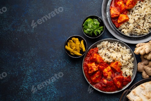 Preview: Chicken tikka masala dish with rice, flat Indian bread and spices in rustic metal plates