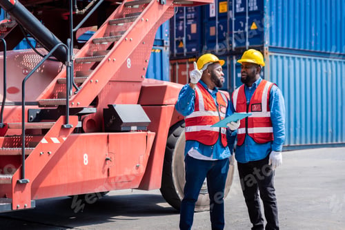 Preview: Two male engineers in a container shipping company