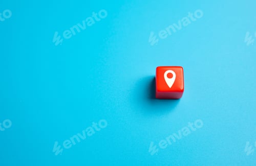 Preview: Red block with geolocation symbol on a blue background.