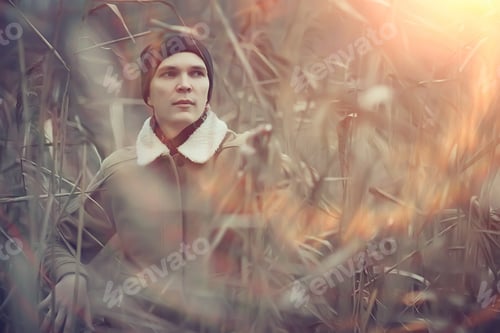 Preview: Fashionable Young Man Posing In Autumn Style Portrait, Hipster Nature Travel