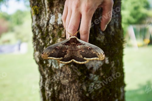 Preview: Large brown moth on womans finger tips