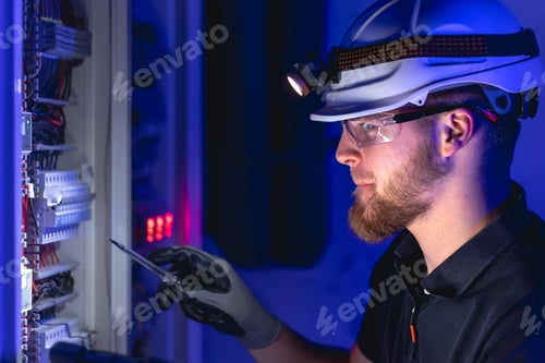 Preview: A male electrician works in a switchboard in overalls against the backdrop of emergency lighting.