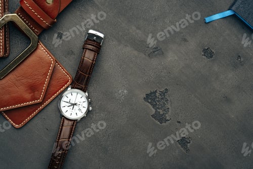 Preview: Male watch and leather wallet on dark grey surface