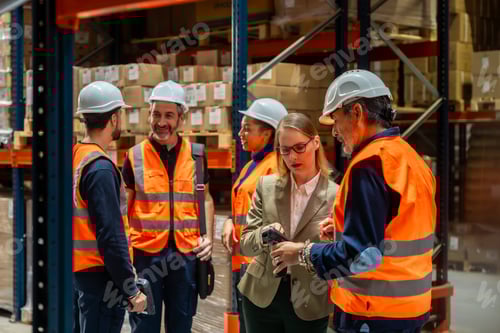 Preview: Logistics warehouse team discussing inventory management with scanner