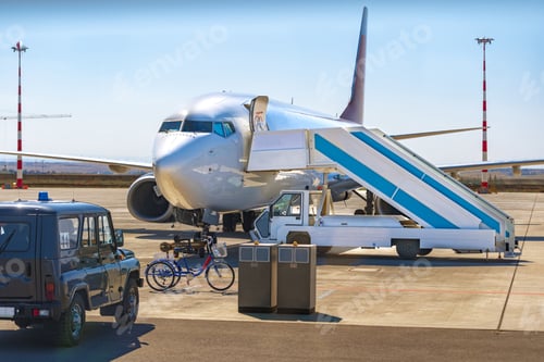 Preview: Airplane is parked near gate of airport terminal