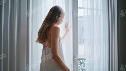 Preview: Relaxed woman looking window morning indoors closeup. Lady spending lazy weekend