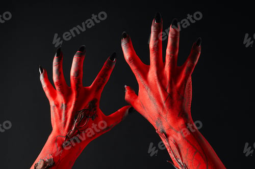 Preview: Creepy, red hands of a monster with black nails