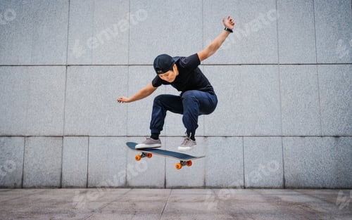 Preview: Young Skateboarder Performing Impressive Jump on Concrete Background