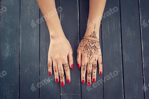 Preview: Red manicured hands with Mehndi