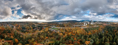 Preview: Panoramic Autumn Forest to City Skyline Over Burnaby, Greater Vancouver, BC, Canada