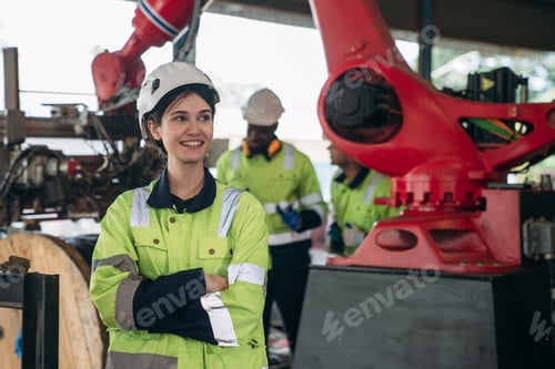 Preview: Engineers in a yellow and black safety suit stands in front of a red machine