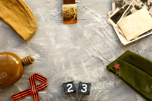 Preview: Flask, cap, soldier belt with a five-pointed star with a hammer and sickle
