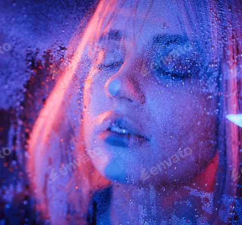 Preview: Feeling good, sensual look. Stylish woman with white hair is behind wet transparent plastic sheet