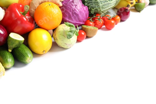 Preview: Composition with ripe vegetables and fruits isolated. Healthy food