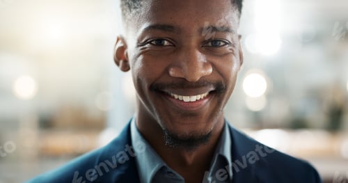 Preview: Young businessman, smile and face on closeup with confidence and positive attitude for startup at w