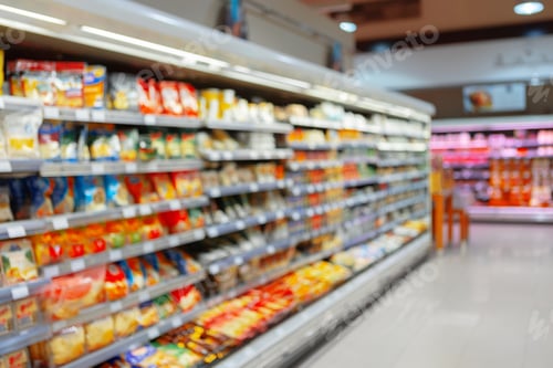 Preview: Abstract blurred supermarket shelves with products for background