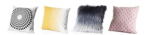 Preview: Set with different stylish decorative pillows on white background. Banner design