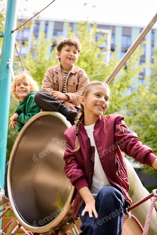 Preview: Joyful moments of childhood fun on a playground slide during a crisp autumn day