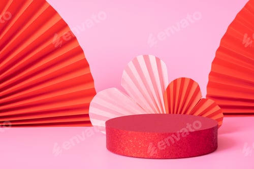Preview: Mock up podium stage or pedestal and paper hearts symbol love