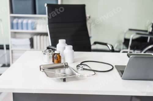Preview: clean desk with medical equipment, ready professional use, sits empty, awaiting the next task