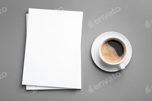Preview: Blank paper sheets for brochure and cup of coffee on grey background, flat lay. Mock up