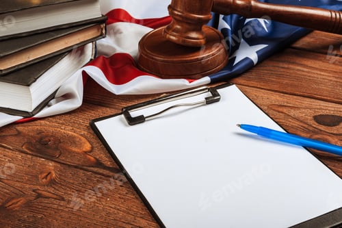 Preview: blank clip board and USA flag on wooden background