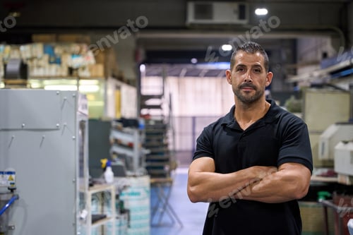 Preview: Supervisor posing with arms crossed in metalworking factory